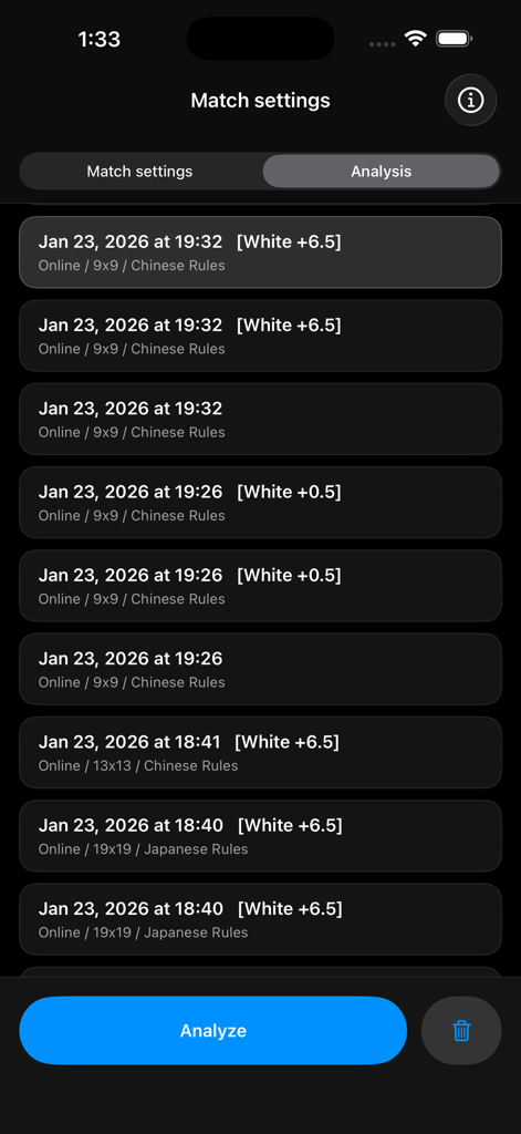 Go Lab: AI Baduk KataGo Engine - Oberfläche, die eine Liste der letzten Baduk-Partien zur KI-Analyse in der Go Lab App zeigt.