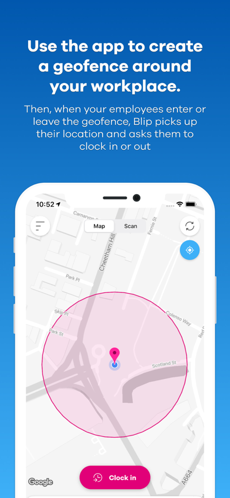 Blip! - Interfaz de la aplicación móvil Blip que muestra una geocerca en un mapa para registrar la entrada y salida del lugar de trabajo