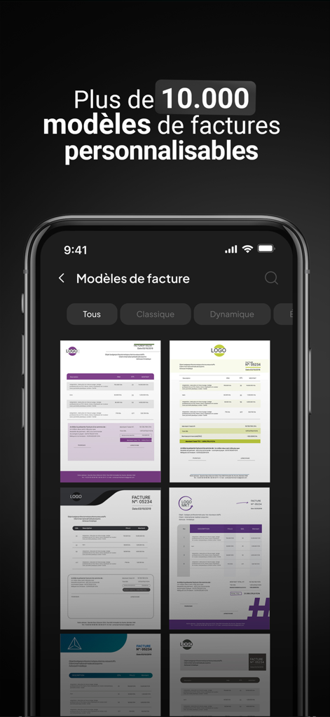 A collection of professional and customizable invoice templates displayed on the Payme mobile app screen.