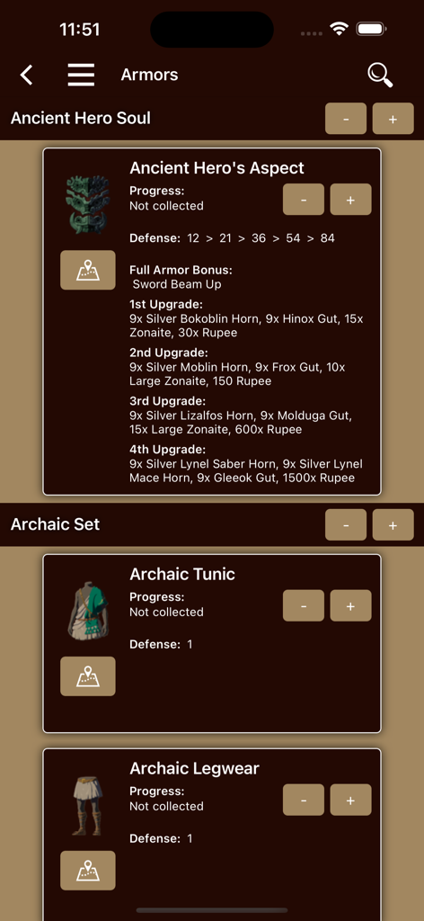 Tears Companion - Armor tracking screen showing defense stats and upgrade materials in Tears Companion