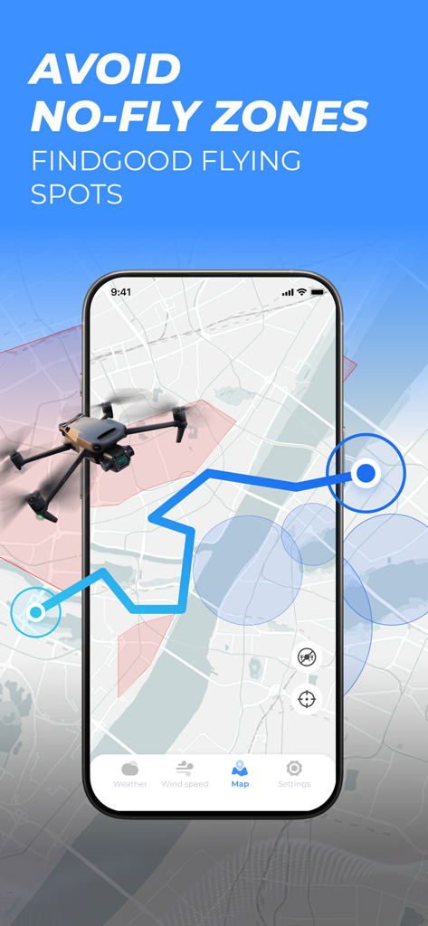 DroneCast: Fly UAV Forecast - Smartphone screen showing the DroneCast app's airspace map with highlighted no-fly zones and a drone flight path.