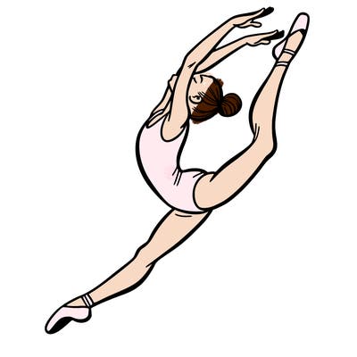 gymnast doing a leap in a leotard with a bent back leg