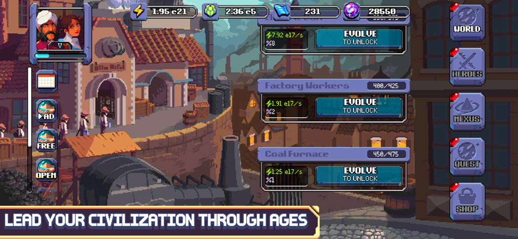 Gameplay de Cosmos Quest montrant la progression de la civilisation et les options d'évolution de l'ère industrielle