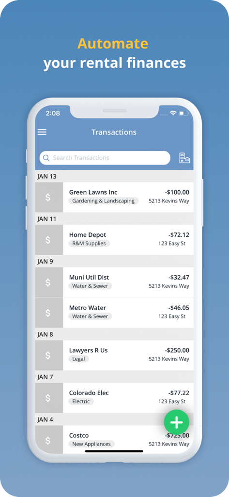 Stessa: Smart Rental Manager - Mobile interface of Stessa app displaying a list of automated rental property transactions and expenses.