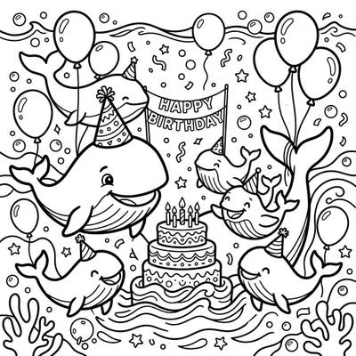 Join a pod of adorable whales as they celebrate a joyous underwater birthday party, complete with festive party hats and a grand cake. This easy-to-color page with thick lines is perfectly designed for toddlers to enjoy their first creative splashes.