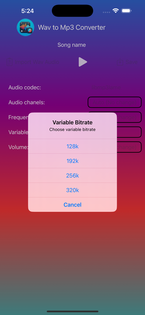 A menu showing variable bitrate options from 128k to 320k in the audio converter app