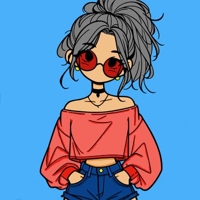 girl with a messy ponytail glasses a baggy crop top and jean shorts