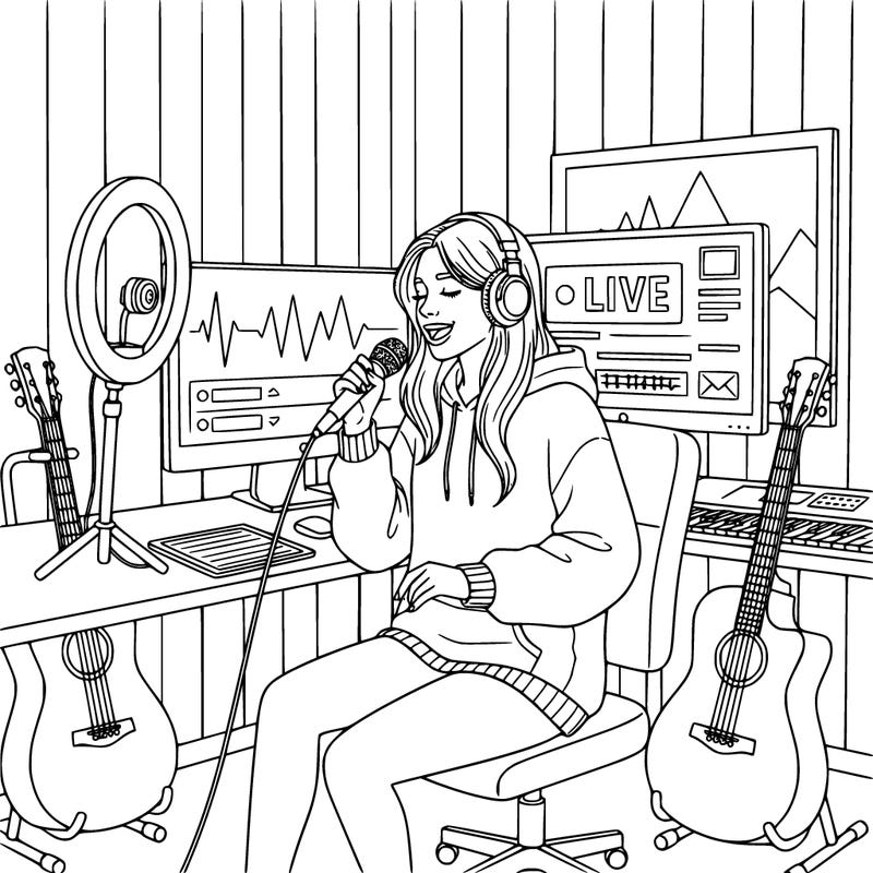 realistic girl singing in her room while live streaming with her camera and stripe walls in her room
