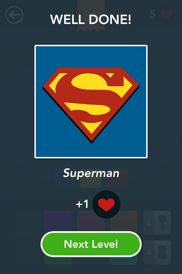 A completed level screen in Guess the Color featuring the Superman logo