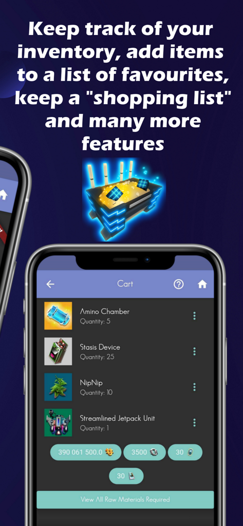 Assistant for No Man's Sky - A screenshot of the Assistant for No Mans Sky app showing the cart and inventory shopping list feature with various game items and quantities