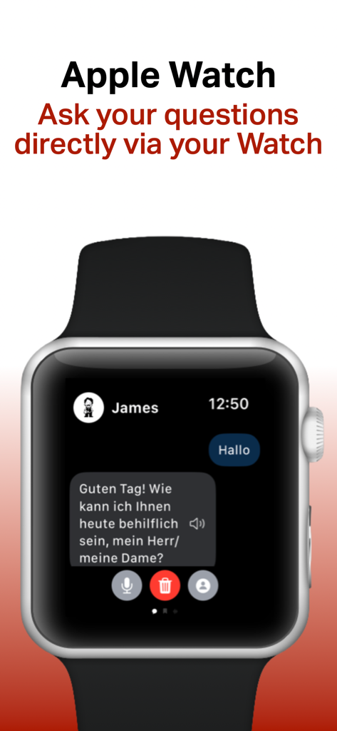 JAMES - AI Chat, Images, Audio - James AI chat interface on an Apple Watch showing a conversation