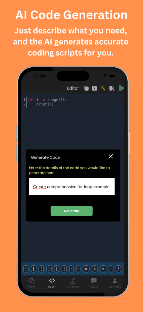 CoddyKit: Learn Coding with AI - Smartphone showing AI code generation feature in CoddyKit app with a Python for loop example