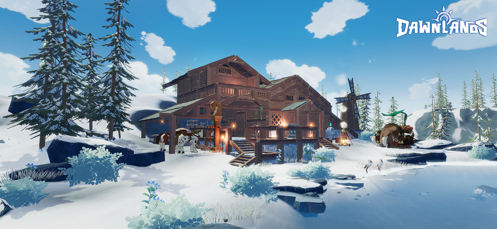 Dawnlands - A custom wooden cabin built in a snowy environment in the game Dawnlands.
