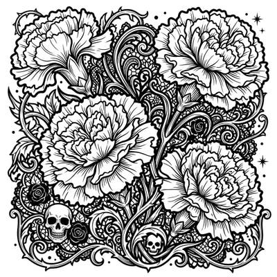 Dive into a world of dark romance with our Gothic White Carnations coloring page, blending delicate blooms with ornate Victorian aesthetics. This intricate design promises a captivating artistic escape for those who appreciate beauty with a mysterious edge.