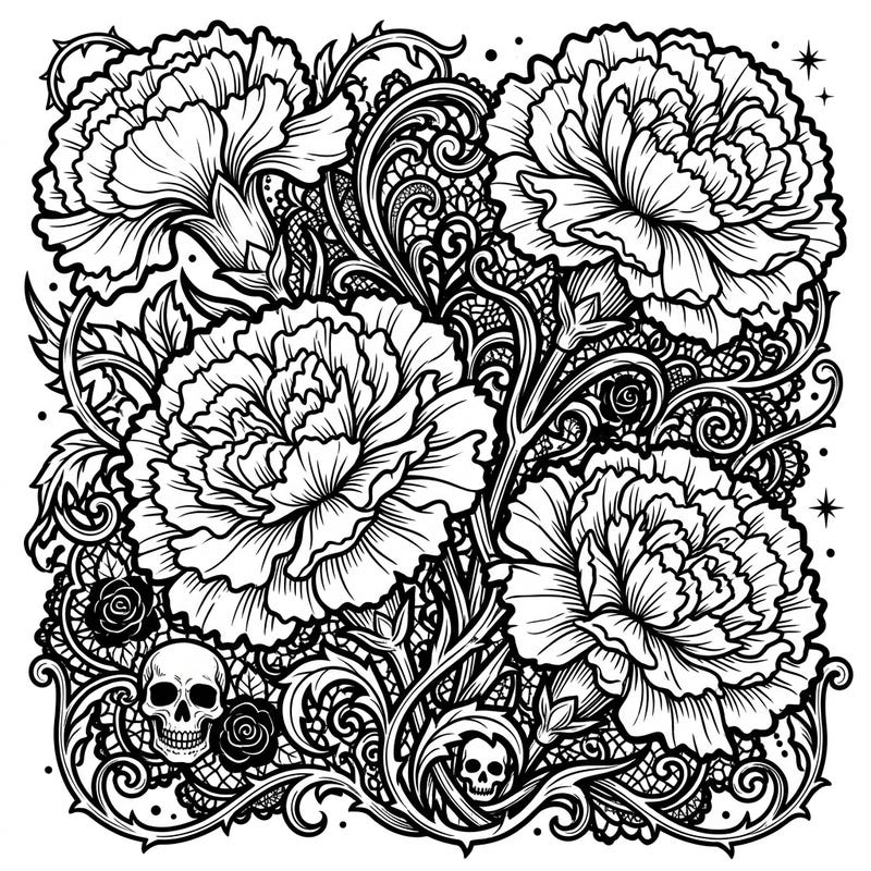 Dive into a world of dark romance with our Gothic White Carnations coloring page, blending delicate blooms with ornate Victorian aesthetics. This intricate design promises a captivating artistic escape for those who appreciate beauty with a mysterious edge.