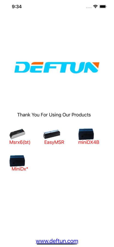 EasyMSR - Deftun EasyMSR app welcome screen showing compatible magnetic stripe reader hardware models