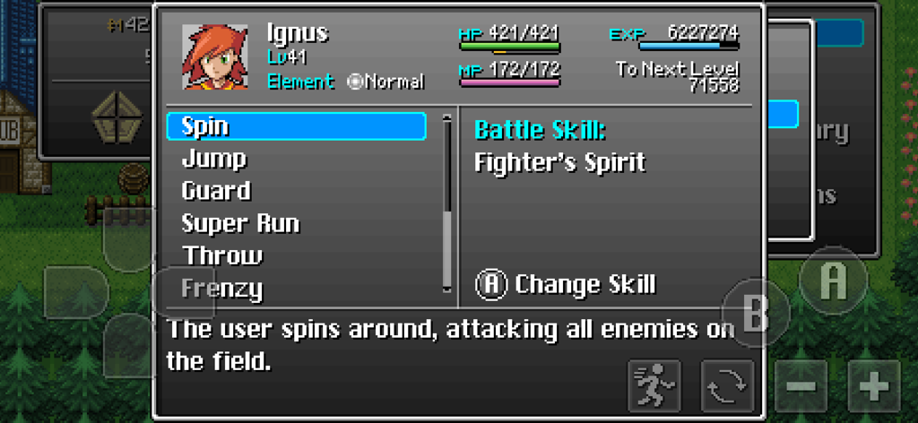 Starlight Legacy - Menu de personagem para Ignus em Starlight Legacy mostrando estatísticas e habilidades de batalha.