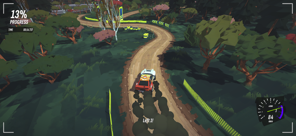 #DRIVE Rally - Un coche de rally conduciendo en una pista de tierra rodeado de árboles estilizados en #DRIVE Rally.