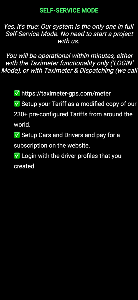TaxiController Driver - Instructions for the self service mode in the TaxiController Driver app including tariff and driver setup