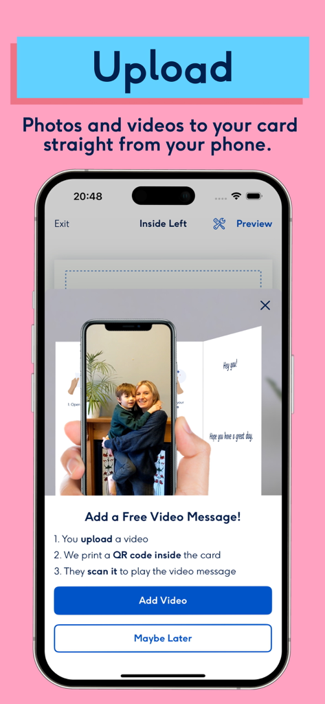 Moonpig: Birthday Cards - Moonpig app screen showing how to add a personalized video message to a greeting card using a QR code