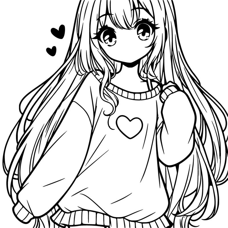 sweet cute anime girl with long hair in cute sweatshirt