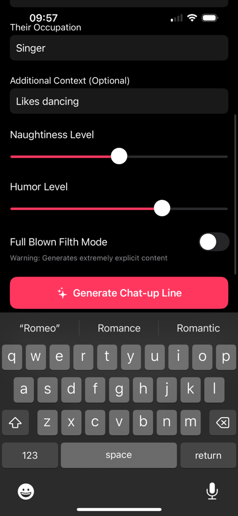 Sinners Whisper - L'interfaccia dell'app Sinners Whisper mostra cursori per malizia e umorismo per creare battute di approccio