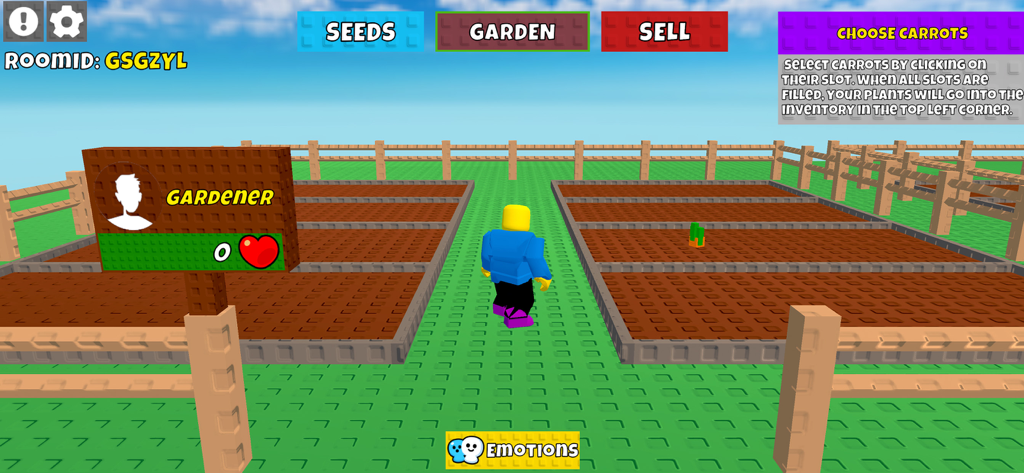 Grow a Garden : Master Game - Personaje jardinero estilo bloques parado entre parcelas de jardín con botones de interfaz de plantación arriba.