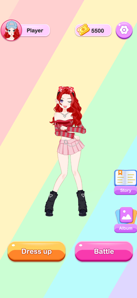 Which Dress? Left or Right - Main menu screen of the Which Dress game featuring a fashionable anime-style character and dress up battle options.