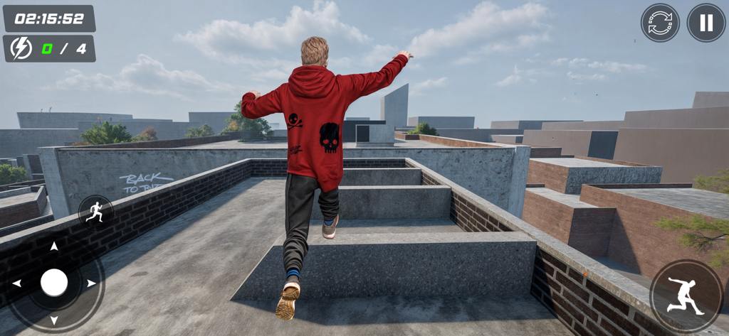 Going Up Rooftop Parkour Games - A character in a red hoodie running and jumping across urban rooftops in a 3D parkour game.