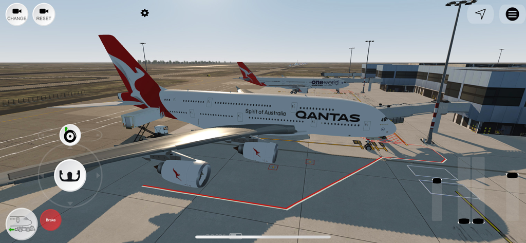 Flight Simulator Advanced - A Qantas Airbus A380 connected to a jetway at an airport gate in Flight Simulator Advanced
