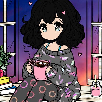 cute anime girl reading book and drinking hot chocolate from mug with loose wavy hair wearing a baggy sweatshirt and shorts sitting by windowsill looking out
