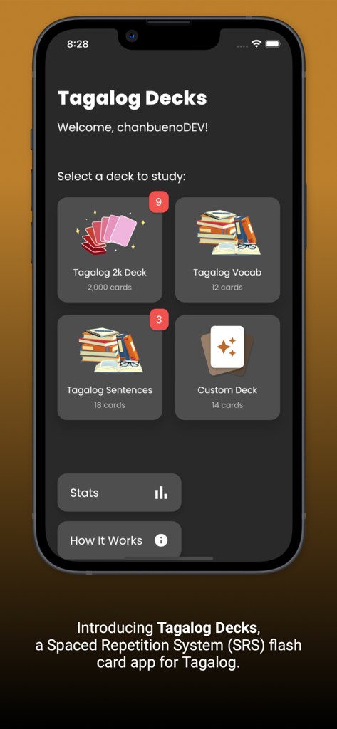 Tagalog Decks - The home screen of the Tagalog Decks app displaying various flashcard study decks like Tagalog 2k and Custom Deck.