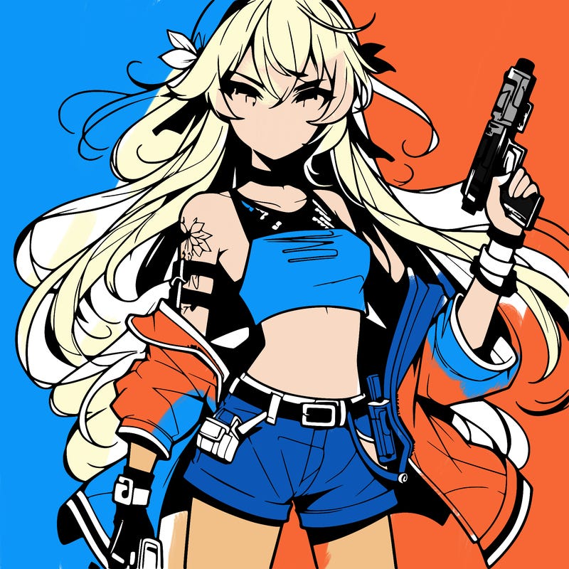 bad girl wearing crop top holding a gun long hair anime