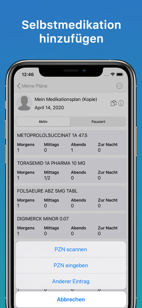 PApp - Die Patientenapp - Oberfläche der mobilen Anwendung PApp, die einen deutschen Medikationsplan mit Optionen zum Scannen oder Eingeben von Medikamenten-IDs zeigt.
