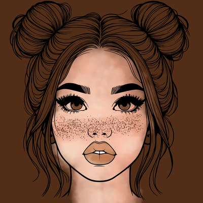 realistic girl with two buns on her hair and lips