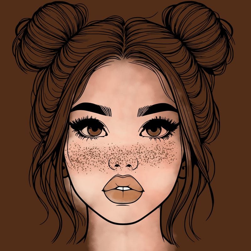 realistic girl with two buns on her hair and lips