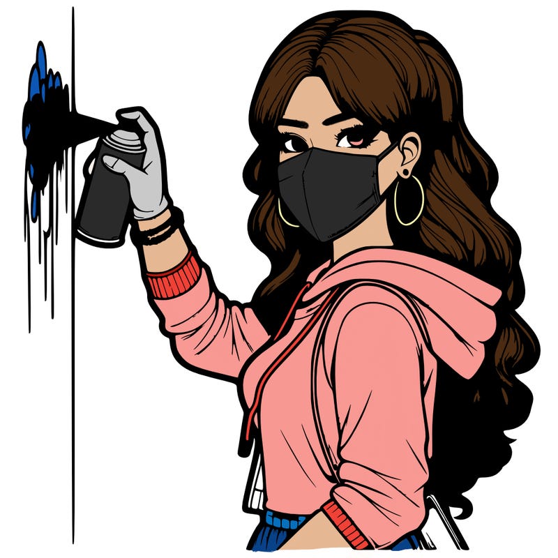 realistic girl with mask spray painting a wall
