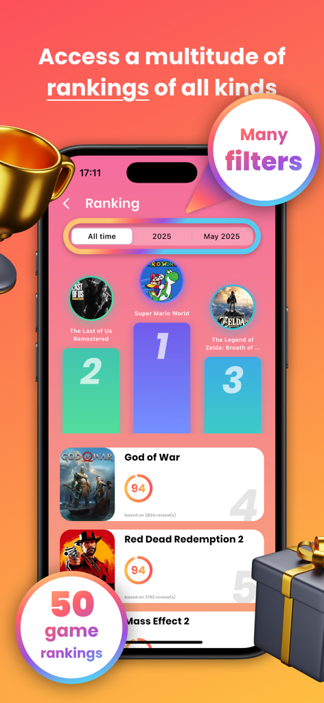 Radion - Video Games - Interface de l'application Radion montrant une liste des jeux vidéo les mieux classés avec des filtres pour les classements de tous les temps et mensuels