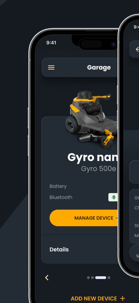 STIGA.GO - STIGA.GO App-Oberfläche, die den Bildschirm Garage mit einem Gyro 500e Mähroboter und Gerätemanagementoptionen zeigt