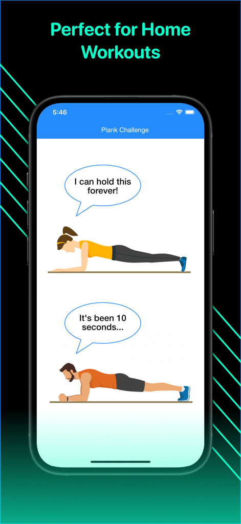 Plank Challenge 4 minutes - A mobile screen showing illustrations of a man and a woman performing planks with humorous speech bubbles about their workout progress.