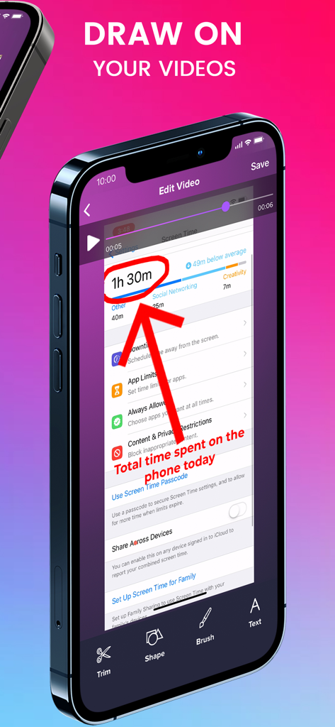 iPhone displaying Screen Recorder Pro app editing interface with red arrow and circle annotations drawn on a video recording