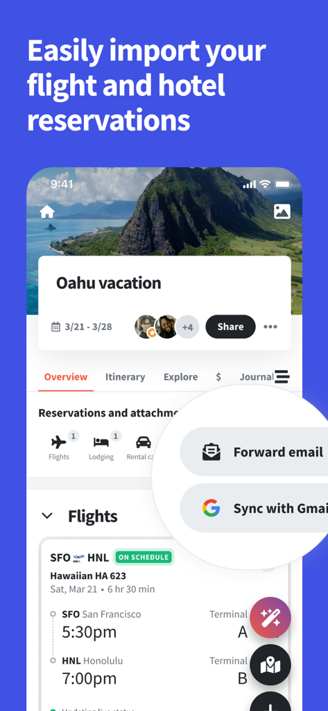 Mobile interface of Wanderlog showing options to import flight and hotel reservations via email forwarding and Gmail sync
