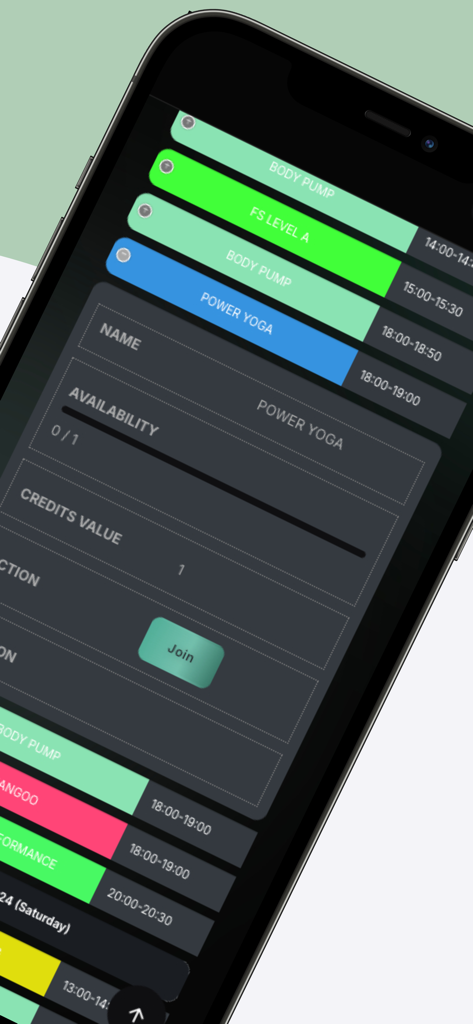 THINKCRM FITNESS - Agenda dei corsi in palestra e interfaccia di prenotazione nell'app THINKCRM FITNESS.