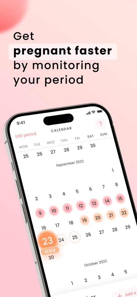 Calendario de la aplicación Mooni para seguimiento de período que muestra monitoreo de ciclo y predicción de ovulación para planificación de embarazo