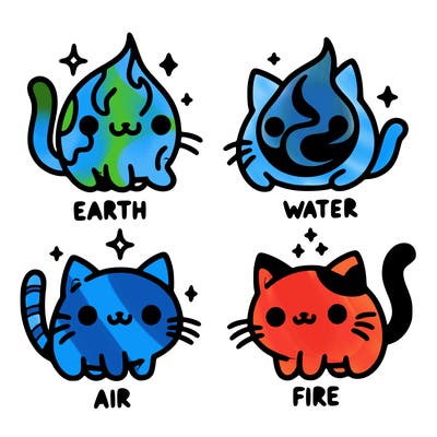4 cats that represent the different elements, earth, water, air, and fire