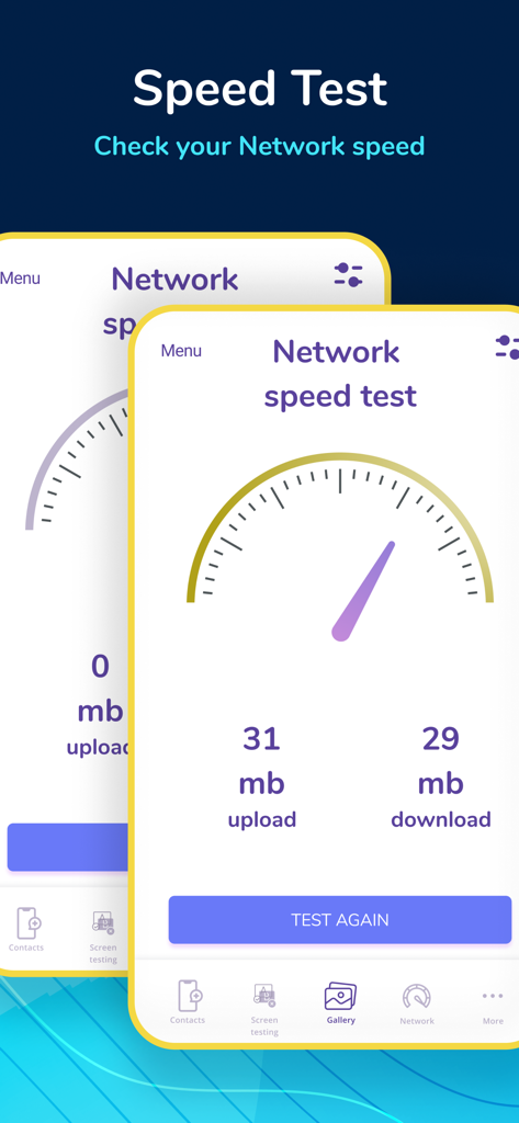 Phone Boosterアプリでアップロードとダウンロードの結果を示すインターネット速度テストインターフェイス。