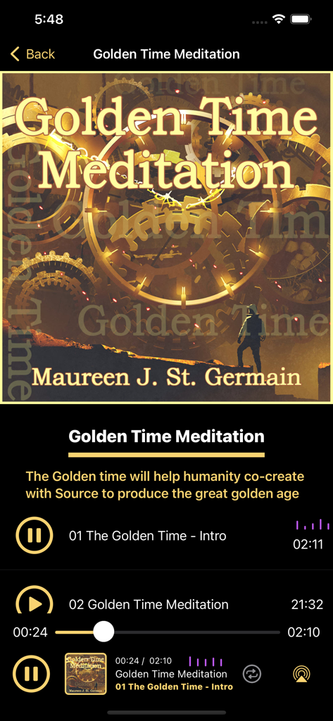 lluminate - Audio player interface in the Illuminate app showing the Golden Time Meditation by Maureen J St Germain