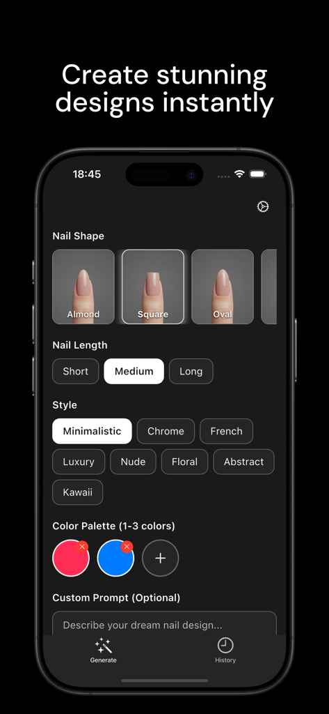 AI Nails: Nail Art & Design - Interface of the AI Nails app showing customization options for nail shape length and artistic style