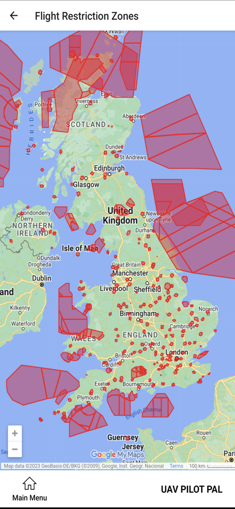 Map displaying drone flight restriction zones across the United Kingdom and Ireland within the UAV Pilot Pal app interface