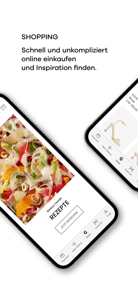 Interface do aplicativo móvel Globus mostrando compras de luxo e receitas gourmet.